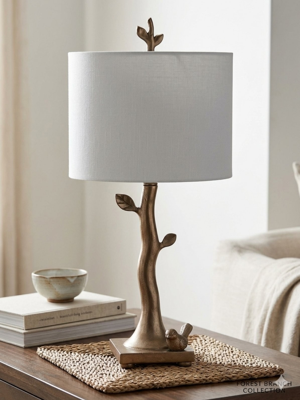 Silver Tree-Branch Table Lamp with White Drum Shade